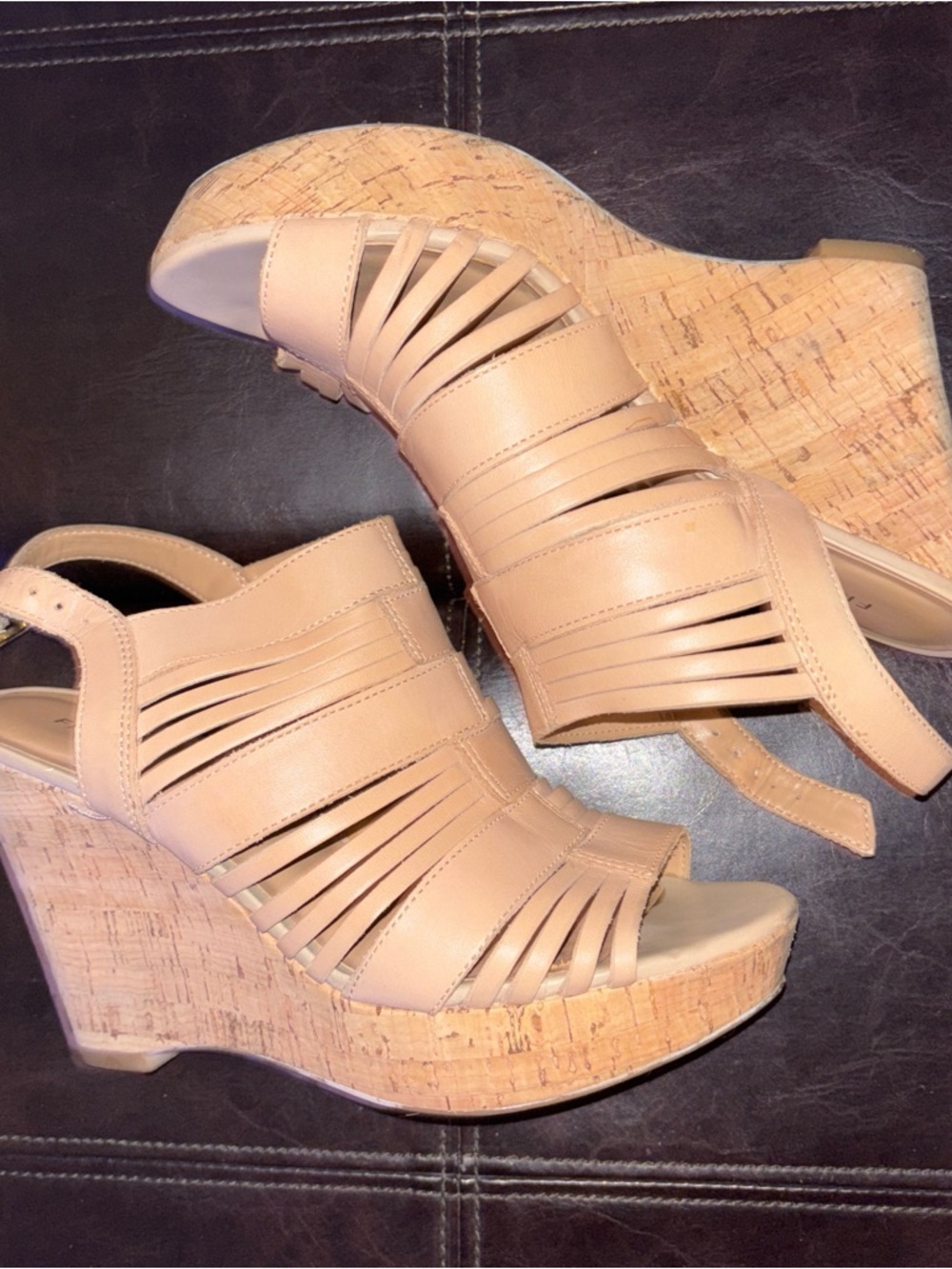 Franco Sarto Beige Strappy Cork Wedge Sandals